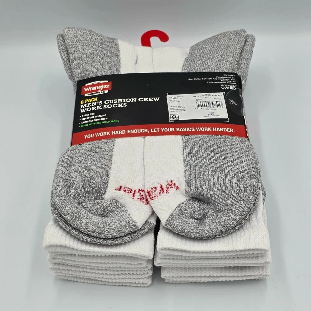 Wrangler Men's 6 Pack Cushion Crew Work Socks Big & Tall Size 12-15 White NEW